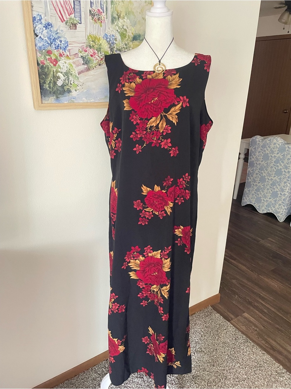 Studio I Vintage 90s Grunge Floral Maxi Dress Black Red Rose Sleeveless Size 16